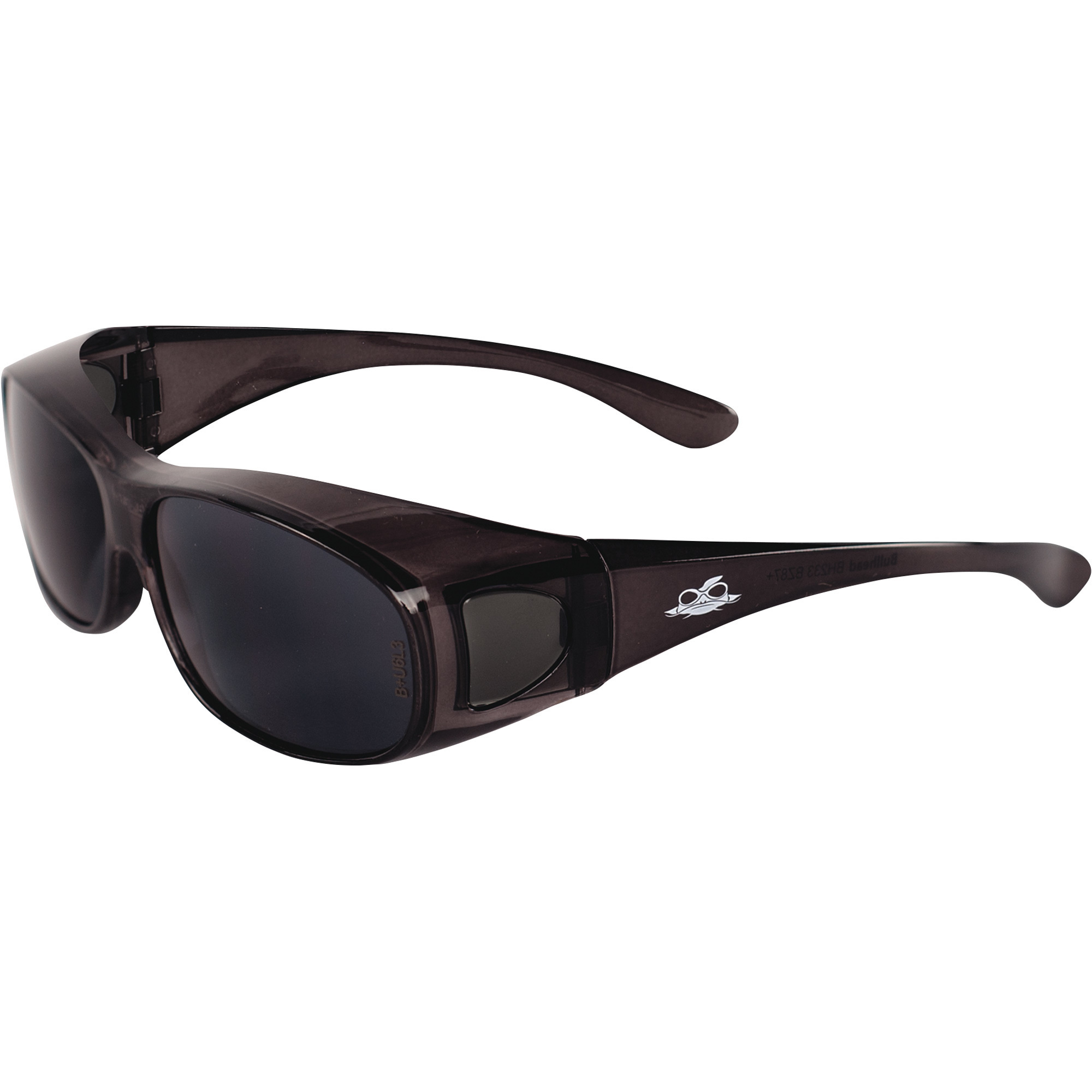 Bullhead Over Glass Safety Glasses with Clear, Anti-Fog Lens, 12 Pairs, Smoke Lenses, Crystal Black Frames, Model# BH233
